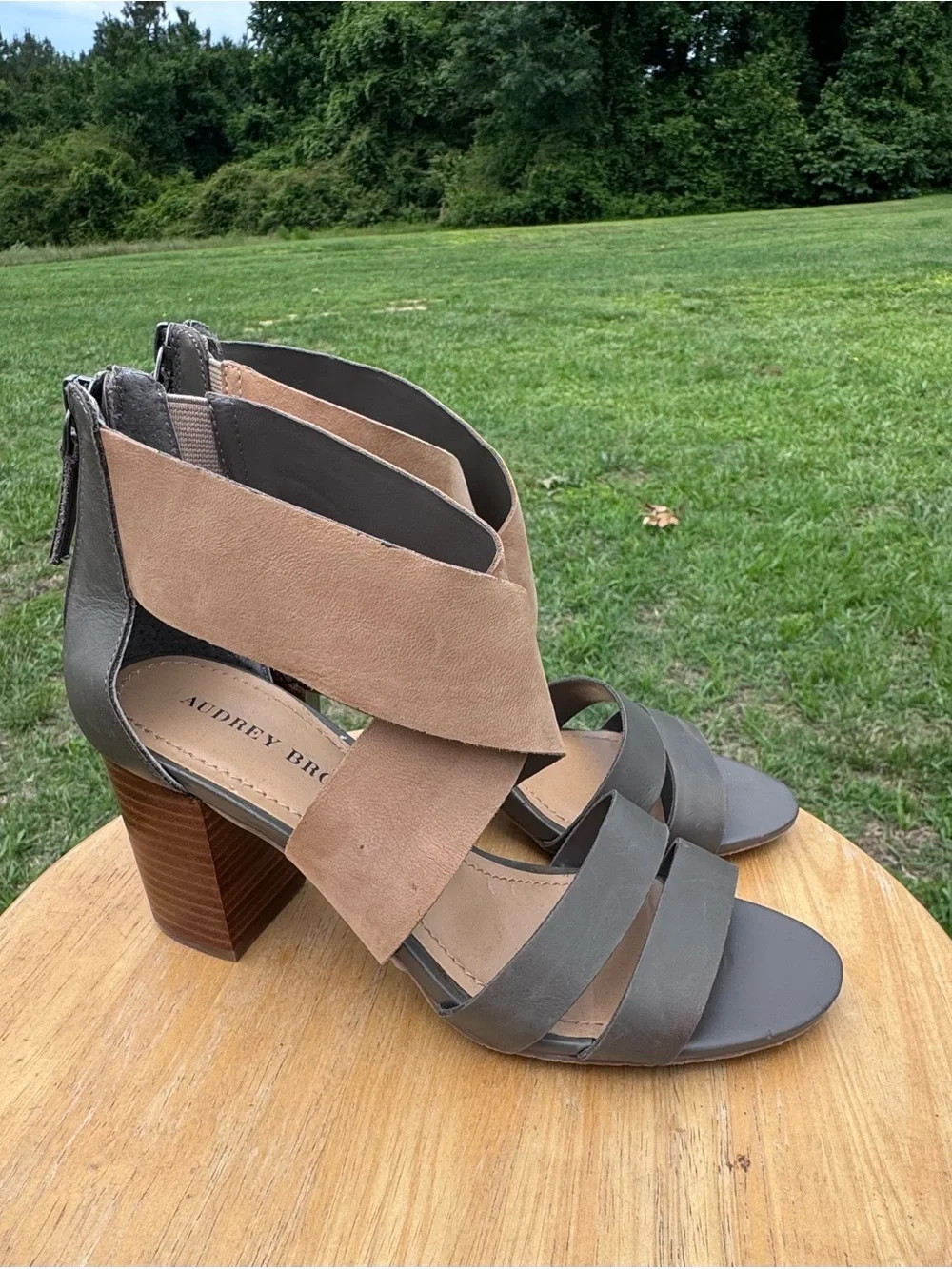 Ladies Audrey Brooke Taupe and Beige Crisscross Block Heel Sandals